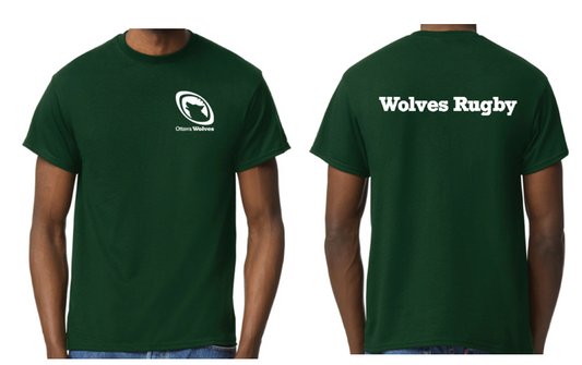 OTTAWA WOLVES RUGBY COTTON SHORT SLEEVE T-SHIRT WITH LEFT CHEST HEAT PRESSED LOGO AND WOLVES RUGBY HEAT PRESSED ON BACK
