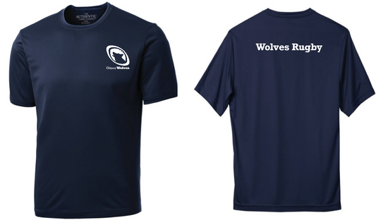 OTTAWA RUGBY WOLVES SHORT SLEEVE DRYFIT TEE WITH LEFT CHEST HEAT PRESSED LOGO AND WOLVES RUGBY HEAT PRESSED ON BACK