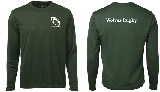 OTTAWA WOLVES RUGBY LONG SLEEVE DRYFIT TEE WITH LEFT CHEST HEAT PRESSED LOGO AND WOLVES RUGBY HEAT PRESSED ON BACK