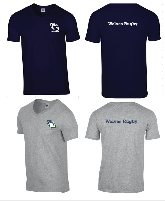 OTTAWA WOLVES RUGBY GILDAN V-NECK ADULT T-SHIRT WITH HEAT PRESSED LEFT CHEST LOGO AND WOLVES RUGBY HEAT PRESSED ON BACK