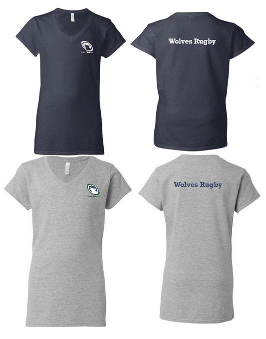 OTTAWA WOLVES RUGBY GILDAN V-NECK LADIES T-SHIRT WITH HEAT PRESSED LEFT CHEST LOGO AND WOLVES RUGBY HEAT PRESSED ON BACK