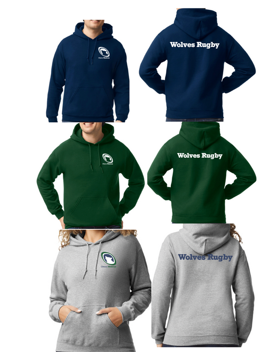 OTTAWA WOLVES RUGBY COTTON HOODIE ADULT WITH LEFT CHEST HEAT PRESSED LOGO AND WOLVES RUGBY HEAT PRESSED ON BACK