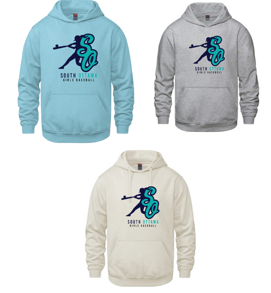 OTTAWA SOUTH LITTLE LEAGUE CX2 VAULT HOODIE GREY/IVORY/LIGHT BLUE WITH SO GIRLS BASEBALL FULL FRONT HEAT PRESSED LOGO