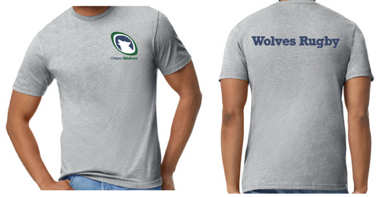 OTTAWA WOLVES RUGBY COTTON SHORT SLEEVE T-SHIRT WITH LEFT CHEST HEAT PRESSED LOGO AND WOLVES RUGBY HEAT PRESSED ON BACK