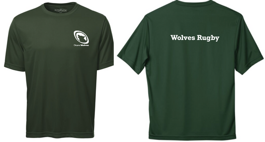OTTAWA RUGBY WOLVES SHORT SLEEVE DRYFIT TEE WITH LEFT CHEST HEAT PRESSED LOGO AND WOLVES RUGBY HEAT PRESSED ON BACK