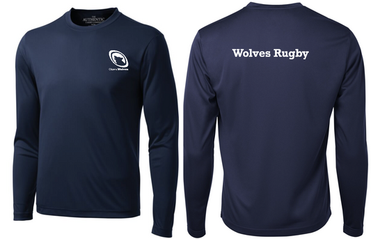 OTTAWA WOLVES RUGBY LONG SLEEVE DRYFIT TEE WITH LEFT CHEST HEAT PRESSED LOGO AND WOLVES RUGBY HEAT PRESSED ON BACK