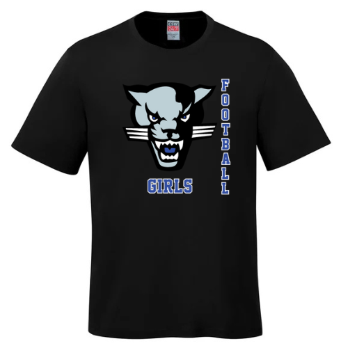 CUMBERLAND PANTHERS GIRLS FOOTBALL DRYFIT SHORT SLEEVE TSHIRT WITH FULL FRONT HEAT PRESSED LOGO