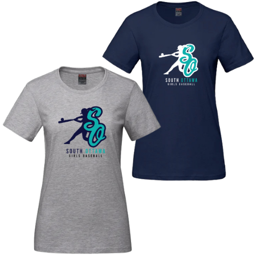 OTTAWA SOUTH LITTLE LEAGUE CX2 COTTON TSHIRT WITH SO GIRLS BASEBALL LOGO HEAT PRESSED FULL FRONT